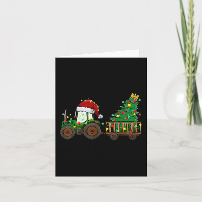 Christmas Farm Tractor Xmas Tree Lights Santa Hat  Card (Front)