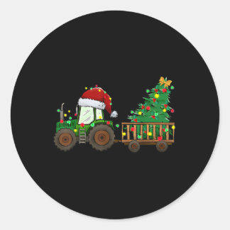 christmas farm tractor xmas tree lights santa hat  classic round sticker