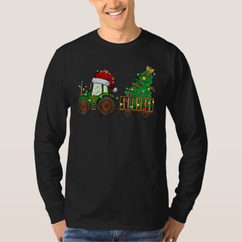 Christmas Farm Tractor Xmas Tree Lights Santa Hat  T_Shirt