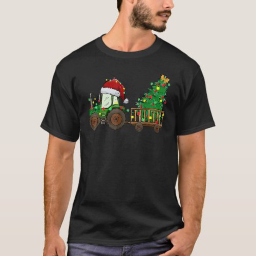 Christmas Farm Tractor Xmas Tree Lights Santa Hat  T_Shirt