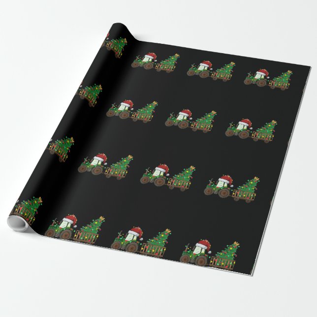 Christmas Farm Tractor Xmas Tree Lights Santa Hat Wrapping Paper (Unrolled)