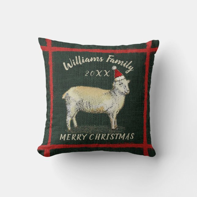 Christmas Farmhouse Lamb Santa Hat Monogram Name Throw Pillow (Front)
