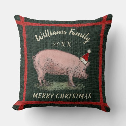 Christmas Farmhouse Pig Santa Hat Monogram Name Throw Pillow