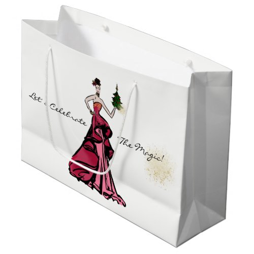 Christmas Fashion Illustration with tree Large Gift Bag