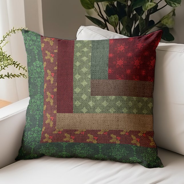 Christmas Faux Burlap Patchwork Green Red Brown Throw Pillow (Creator Uploaded)
