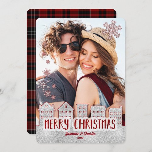 Christmas Faux Glitter Silver and Red Photo Holiday Card