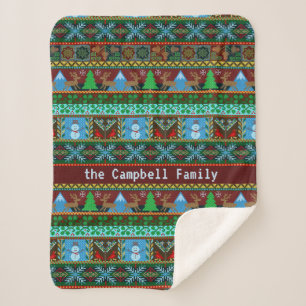 Christmas Faux Knit Snowmen Reindeer Family Name Sherpa Blanket