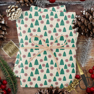 Christmas Faux Patchwork Trees and Poinsettias Wrapping Paper Sheets