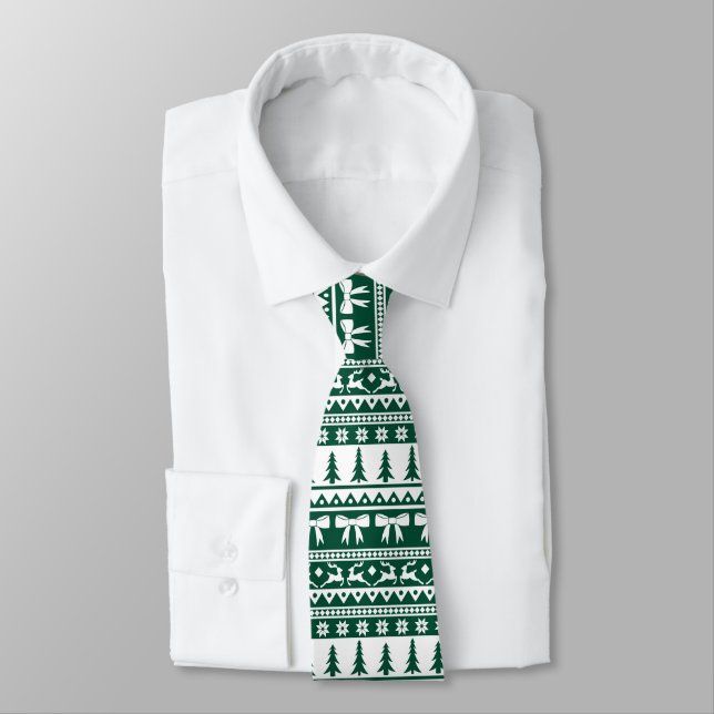 Christmas Faux Sweater Knit Pattern Green & White Neck Tie (Tied)