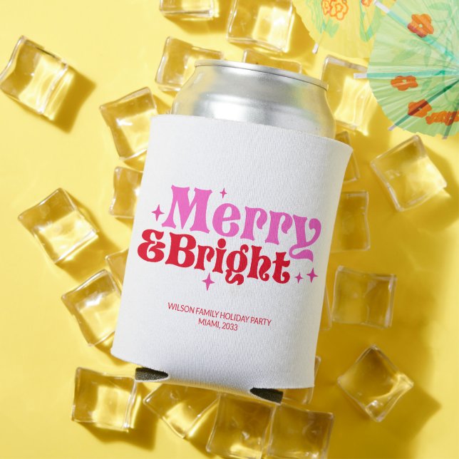 Christmas Favor Merry & Bright Pink & Red Custom  Can Cooler (In Situ Summer)