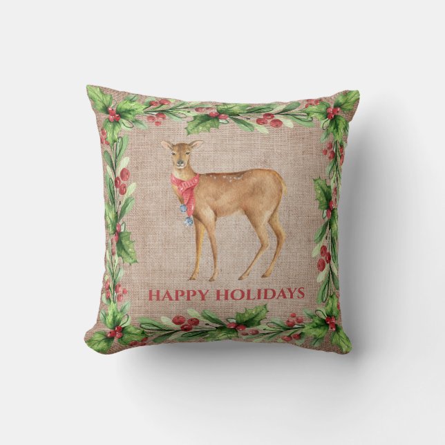 Christmas Fawn In Holly Leaves And Berry Frame Throw Pillow (Front)