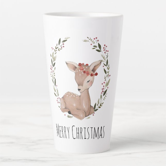Christmas Fawn Wreath Customizable Latte Mug (Front)