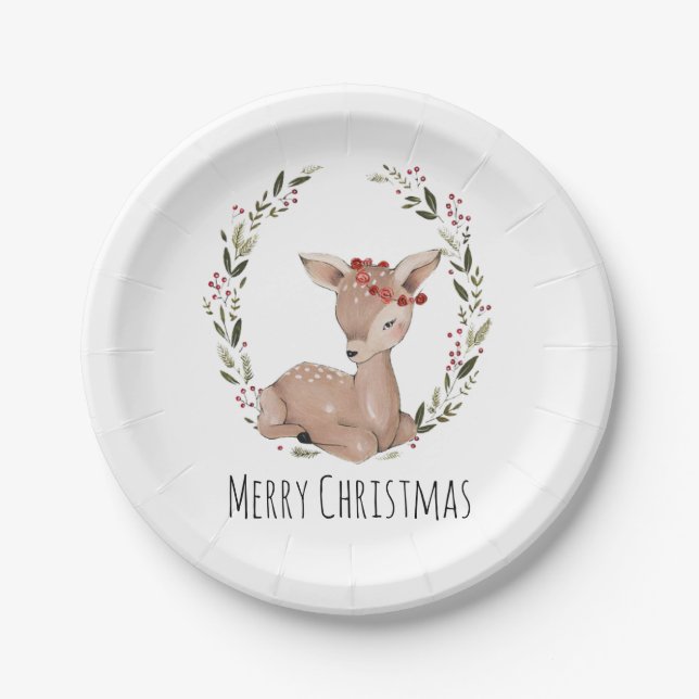 Christmas Fawn Wreath Paper Plates (Front)