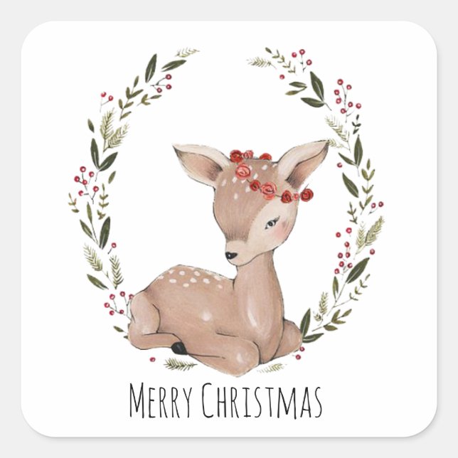Christmas Fawn Wreath Square Sticker (Front)