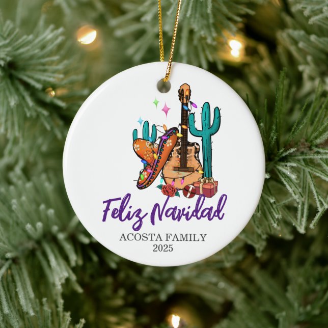 Christmas Feliz Navidad Cactus Sombrero  Ceramic Ornament (Tree)