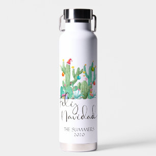 Christmas Feliz Navidad Cactus Watercolor  Water Bottle