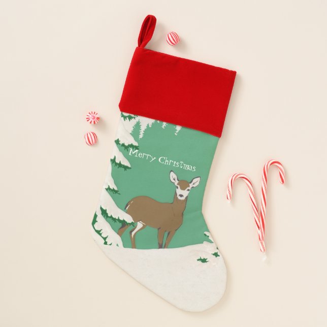 Christmas Female Deer in Snow Pine Tree Green Stocking (Front)