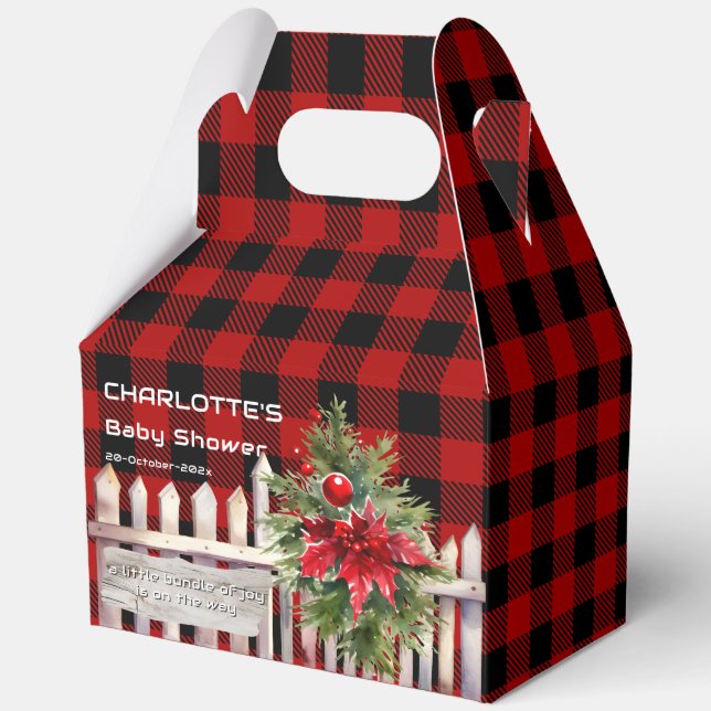 Christmas Fence Buffalo Plaid Baby Shower Favor Boxes (Front)