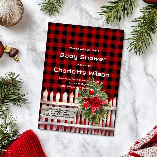 Christmas Fence Buffalo Plaid Baby Shower Invitation (Creator Uploaded)
