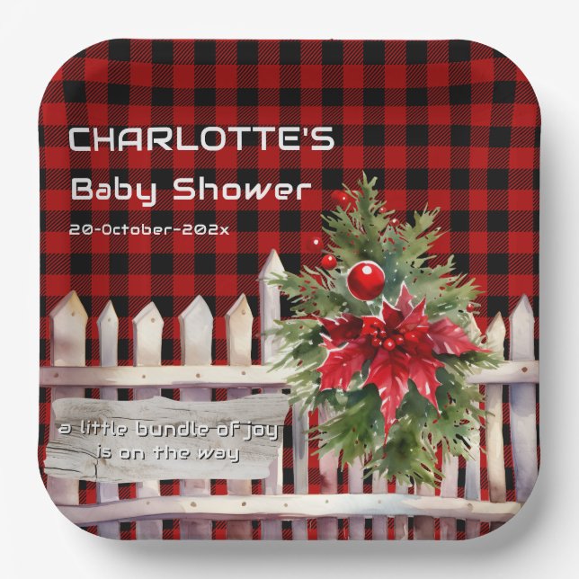 Christmas Fence Buffalo Plaid Baby Shower Paper Plates (Front)