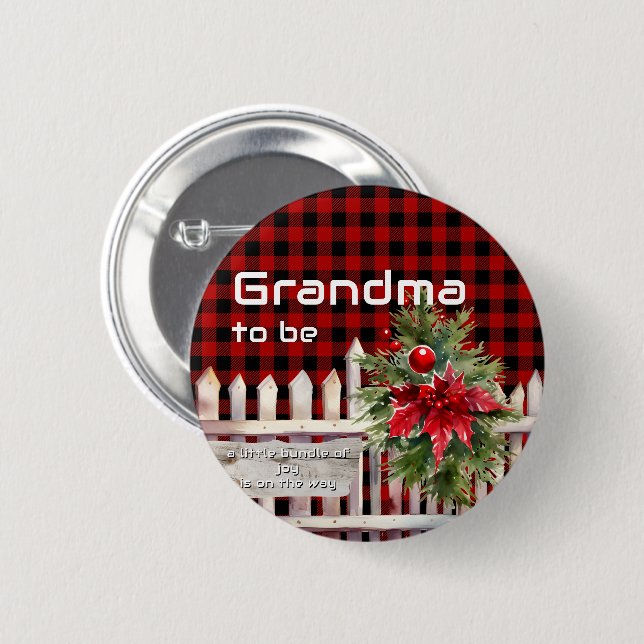 Christmas Fence Buffalo Plaid Grandma-to-be Button (Front & Back)