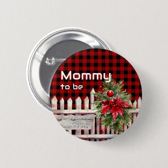 Christmas Fence Buffalo Plaid Mommy-to-be Button (Front & Back)