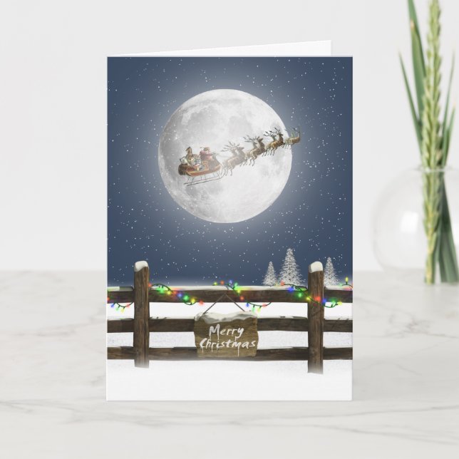 Christmas Fence with Santa And Reindeer On Moon Holiday Card (Front)