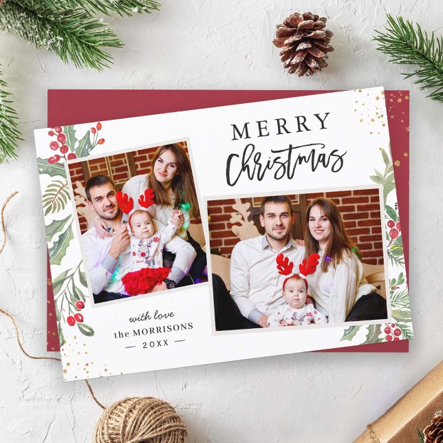 Christmas Festival Greenery and Berries 2 Photo Holiday Card (Creator Uploaded)
