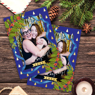 Christmas Festival Ribbon Photo Red Blue Foil Holiday Postcard