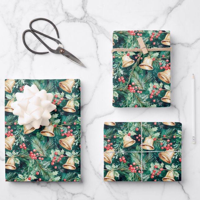 Christmas Festive Bells and Holly Wrapping Paper Sheets (Front)