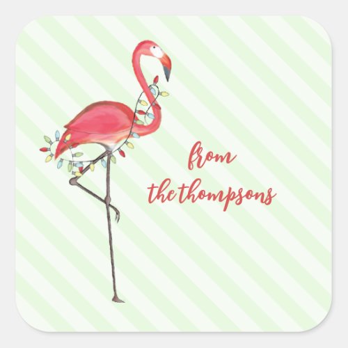 Christmas Festive Cute Flamingo String Lights  Cla Square Sticker