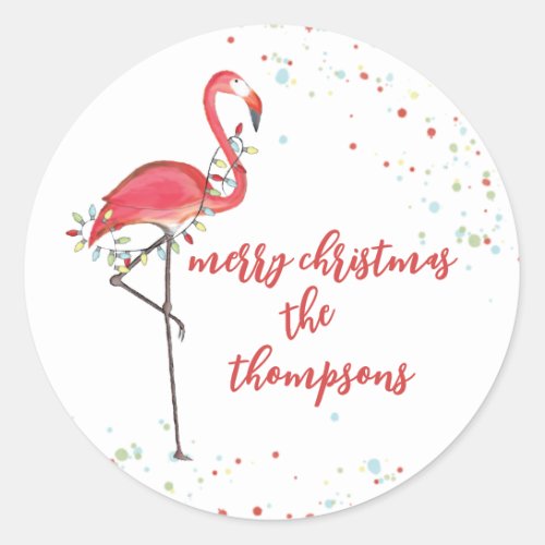Christmas Festive Cute Flamingo String Lights Classic Round Sticker