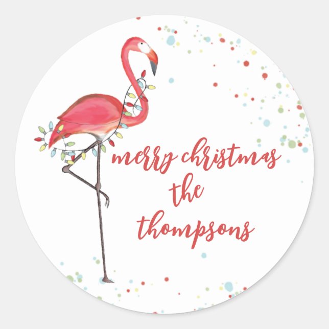 Christmas Festive Cute Flamingo String Lights Classic Round Sticker (Front)