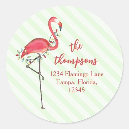 Christmas Festive Cute Flamingo String Lights  Classic Round Sticker