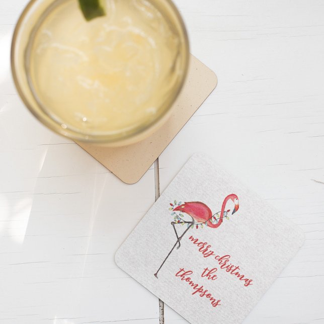 Christmas Festive Cute Flamingo String Lights Square Paper Coaster (Simple minimalist elegant Christmas holiday Pink Flamingo paper party coaster. )