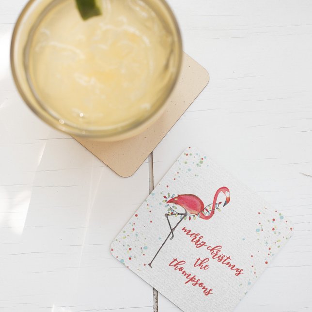 Christmas Festive Cute Flamingo String Lights  Square Paper Coaster (Christmas holiday colorful pink flamingos and string bulb lights. )