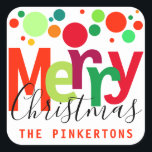 Christmas Festive Dots Modern Script Family Name Square Sticker<br><div class="desc">The colorful design on these festive stickers features the text "Merry Christmas" in modern typography with a family name below for you to personalize.  Background is decorated with polka dots in bright shades of red,  green and orange. Designed by artist © Tim Coffey</div>