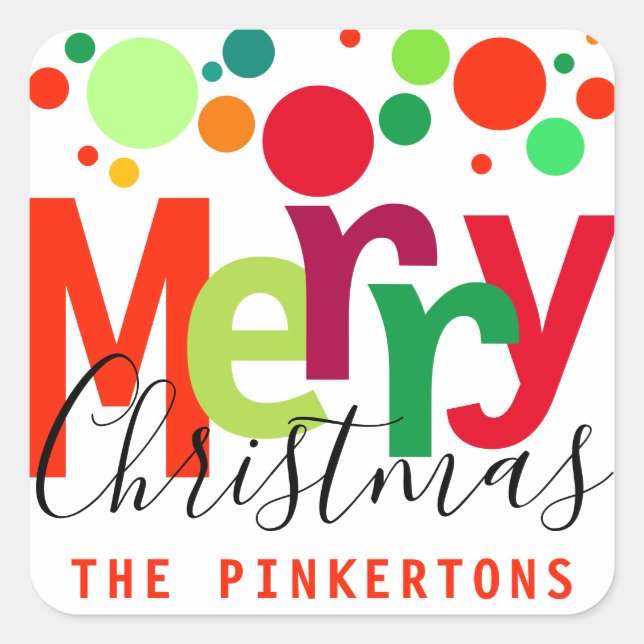 Christmas Festive Dots Modern Script Family Name Square Sticker (Front)