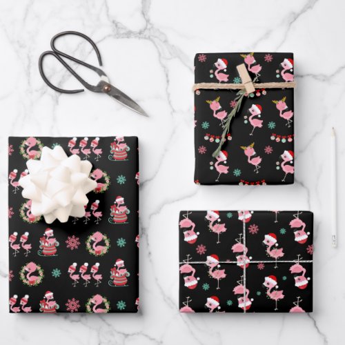 Christmas Festive Flamingo Pattern on Black Wrapping Paper Sheets