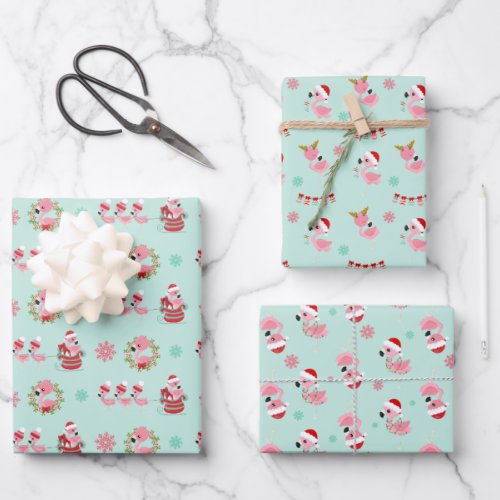 Christmas Festive Flamingo Pattern on Green Wrapping Paper Sheets
