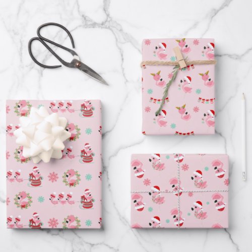 Christmas Festive Flamingo Pattern on Pink Wrapping Paper Sheets