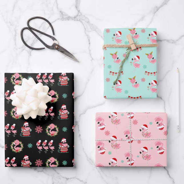 Christmas Festive Flamingo Pattern Wrapping Paper Sheets (Front)