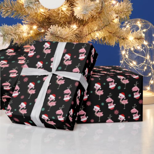 Christmas Festive Flamingos in Santa Hats on Black Wrapping Paper