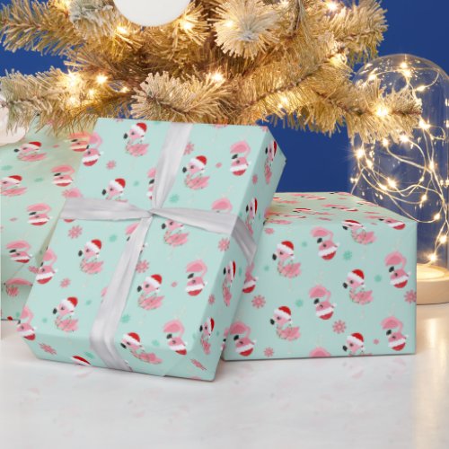 Christmas Festive Flamingos in Santa Hats on Green Wrapping Paper