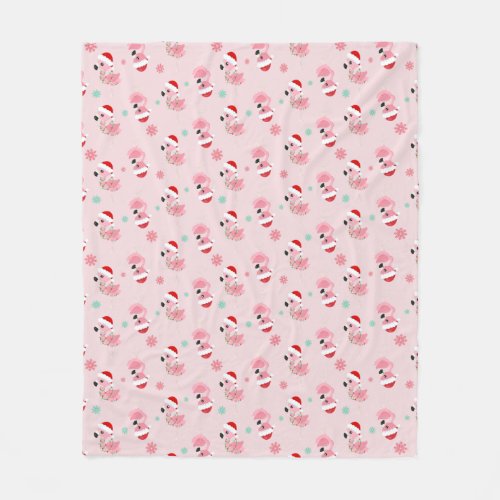 Christmas Festive Flamingos in Santa Hats on Pink Fleece Blanket