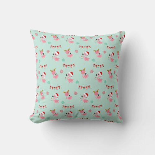 Christmas Festive Flamingos on Green Throw Pillow
