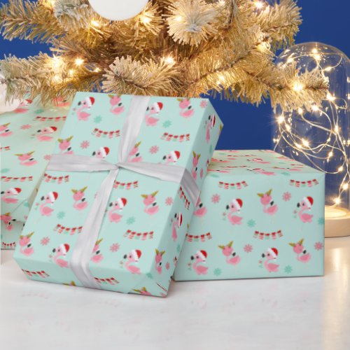 Christmas Festive Flamingos on Green Wrapping Paper
