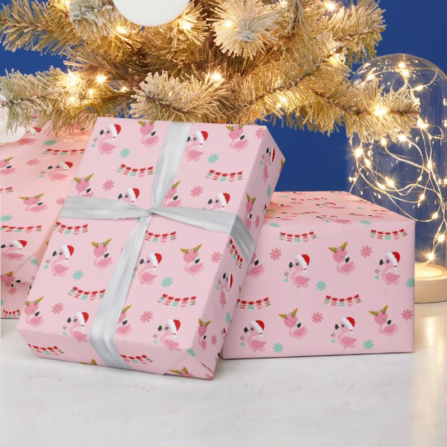 Christmas Festive Flamingos on Pink Wrapping Paper (Holidays)