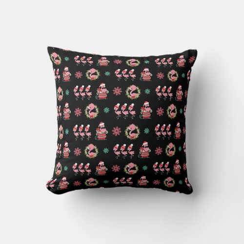 Christmas Festive Flamingos with Sleigh on Black Throw Pillow