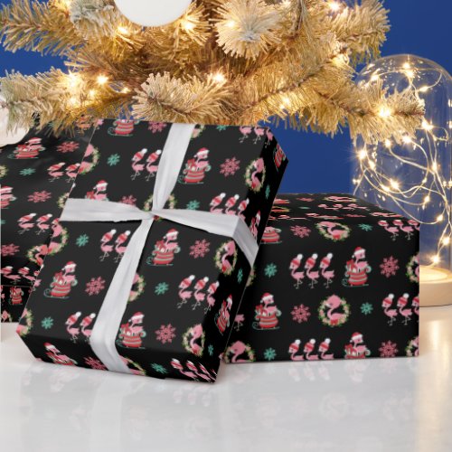 Christmas Festive Flamingos with Sleigh on Black Wrapping Paper